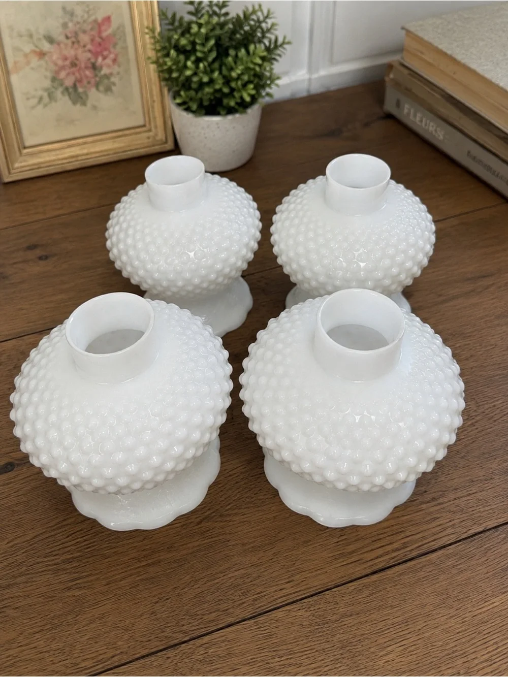 Set of 4 Vintage White Milk Glass Hobnail Lamp Shades Globes Scalloped Rim
